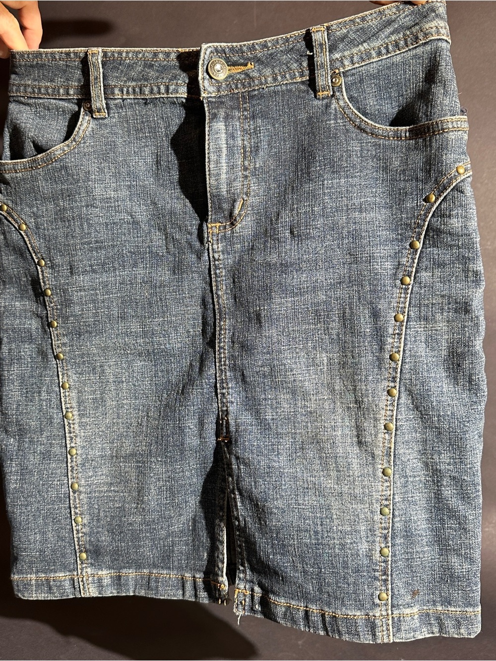 Classic Blue Denim Jeans Skirt with Stud Detailing Center-front slit
